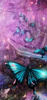 Magical blue butterflies in a vibrant purple setting.