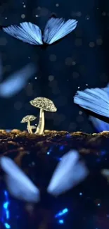 Magical blue butterflies hover over glowing mushrooms in nighttime scene.