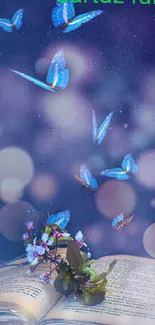 Magical scene with butterflies over an open book and flowers.