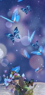 Ethereal wallpaper with blue butterflies and an open book.