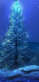 A glowing blue Christmas tree in a snowy winter landscape.