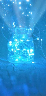 Jar of glowing blue fairy lights with a starry blue background.