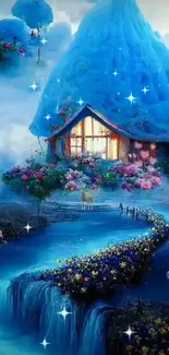 Fantasy cottage with blue roof and river, surrounded by flowers.