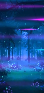 Magical blue forest with glowing details.