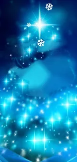 Magical blue Christmas tree with stars and snowflakes wallpaper.