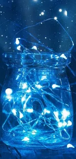 Enchanted jar with glowing fairy lights against a starry blue background.