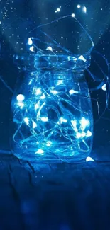 Jar with glowing blue fairy lights, creating a magical ambiance.