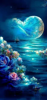 Magical blue moon scene with flowers and water reflections at night.