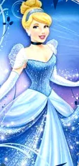 Magical blue princess with sparkling dress on wallpaper.