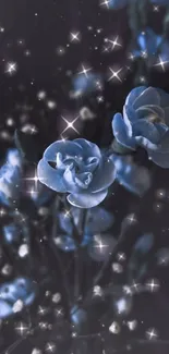 Magical blue roses with sparkles in a dark, enchanting setting.