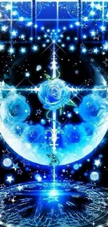 Magical blue rose with stars and celestial designs on a dark background.