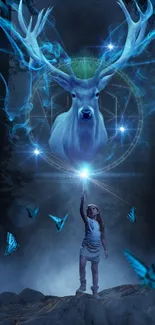 Fantasy wallpaper with blue stag and butterflies in a mystical night scene.