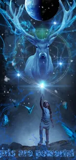 Magical blue stag with girl and butterflies under a cosmic moonlit sky.