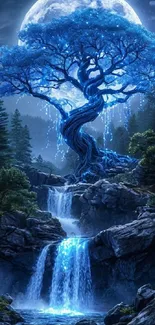 Enchanting blue tree with waterfall under moonlight.