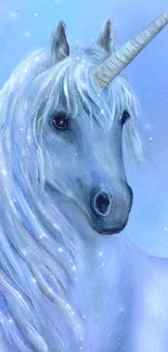 Majestic blue unicorn art on serene wallpaper background.