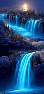 Magical blue waterfall at twilight with glowing sunset and serene surroundings.