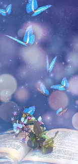 Blue butterflies emerging from a book on a starry, dreamy background.