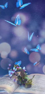 Blue butterflies over open book in starry scene.