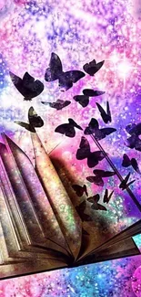 Open book with butterflies on a cosmic background in purple hues.