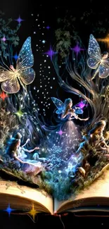 Magical butterflies emerge from an open book in a mystical fantasy scene.