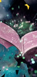 Fantasy wallpaper featuring an open book and fairy silhouette glowing in the dark.