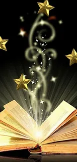 Open book with glowing stars emerging in darkness.