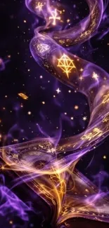 Mystical book with glowing magical symbols and purple smoke