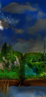 Magical fantasy landscape with castle, meadow, and open book under moonlit sky.