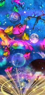 Fantasy wallpaper with open book, dragons, butterflies, and a galaxy sky.