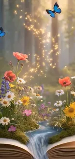 Magical garden scene with flowers and butterflies emerging from a book.