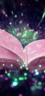 Open book with magical green lights glowing above it.