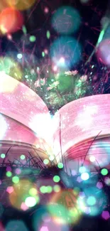 Open magical book with glowing lights in a dark enchanted forest.