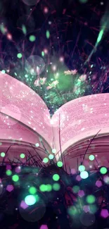 A magical book glowing in a dark, enchanted forest with sparkles.