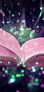 A glowing book in a mystical, colorful forest scene.
