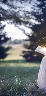 Magical glowing book in natural setting with sparkles and greenery around.