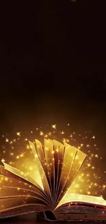 Open magical book with golden sparkles on a dark background.