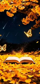 Magical book with glowing butterflies under a starry sky.