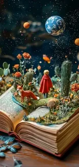 Fantasy world growing from an open book with planets and a fox.