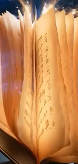 Open book with glowing blue aura and mystical symbols.