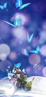 Vibrant blue butterflies over an open magical book with whimsical purple hues.
