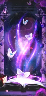 Enchanting wallpaper with a magical book and glowing butterflies under purple light.