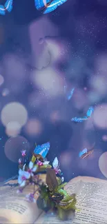 Magical open book with blue butterflies and a purple bokeh background.