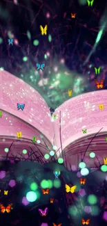 Magical book with butterflies and sparkles, glowing in the dark background.