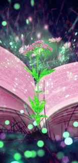 Open book glowing with mystical flowers in a dreamy, magical setting.