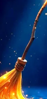 Magical glowing broomstick on blue background.