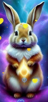 Magical bunny in a colorful galaxy with hearts.