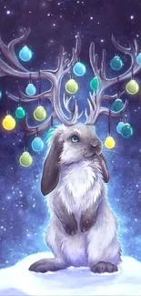 Whimsical bunny with glowing orbs in a starry night setting.