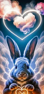 Magical bunny with heart-shaped clouds and glowing effect on mobile wallpaper.