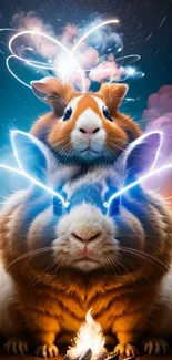 Two mystical rabbits with swirling neon lights in a teal forest night scene.