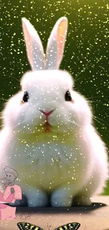 Fluffy white bunny under a starlit green sky with a magical feel.